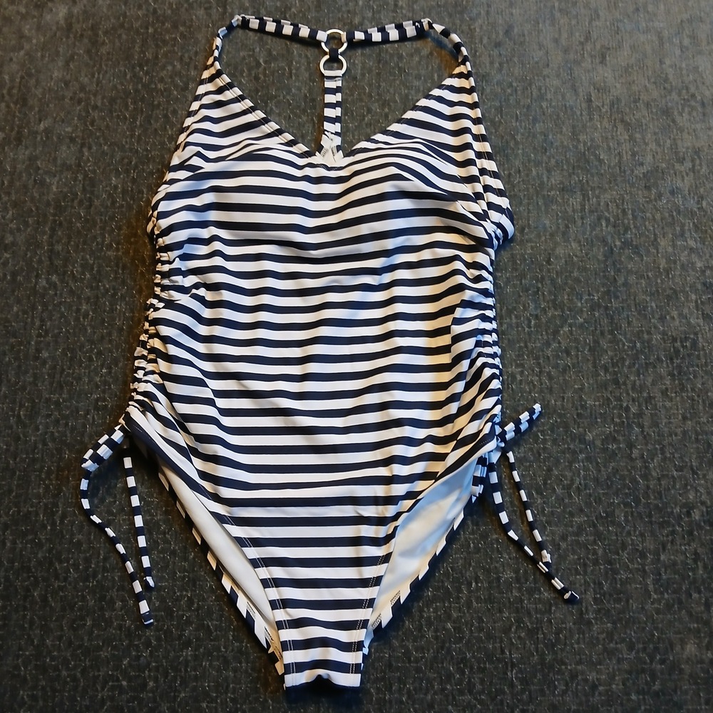 Kona Sol Womens XL Navy Blue White Striped Ruched One Piece Swimsuit Halter